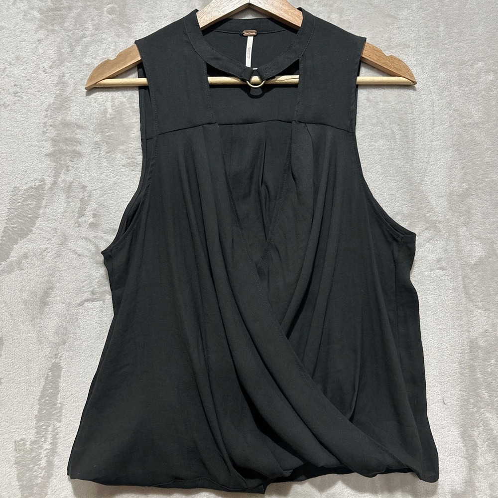 Free People Black Sleeveless Blouse Choker Neckline O-ring Draped Surplice Front